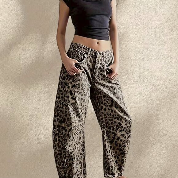 Women's Loose Wide-Leg Low-Rise Washed Denim Leopard Print Jeans Size XL - Picture 1 of 4